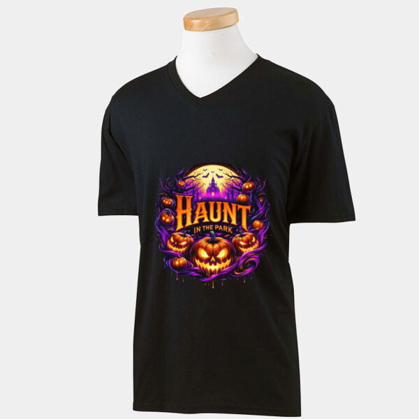 orange Haunt graphic - Adult Softstyle® 4.5 oz. V-Neck T-Shirt Thumbnail